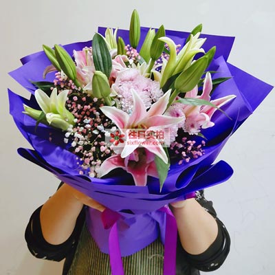南平6支粉色多头百合，真诚的问候